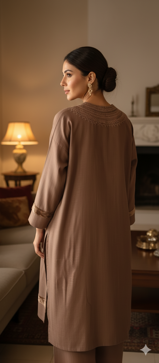 Winter Edit - Dori Embroidery - Pure Slub Khaddar- Fawn Brown