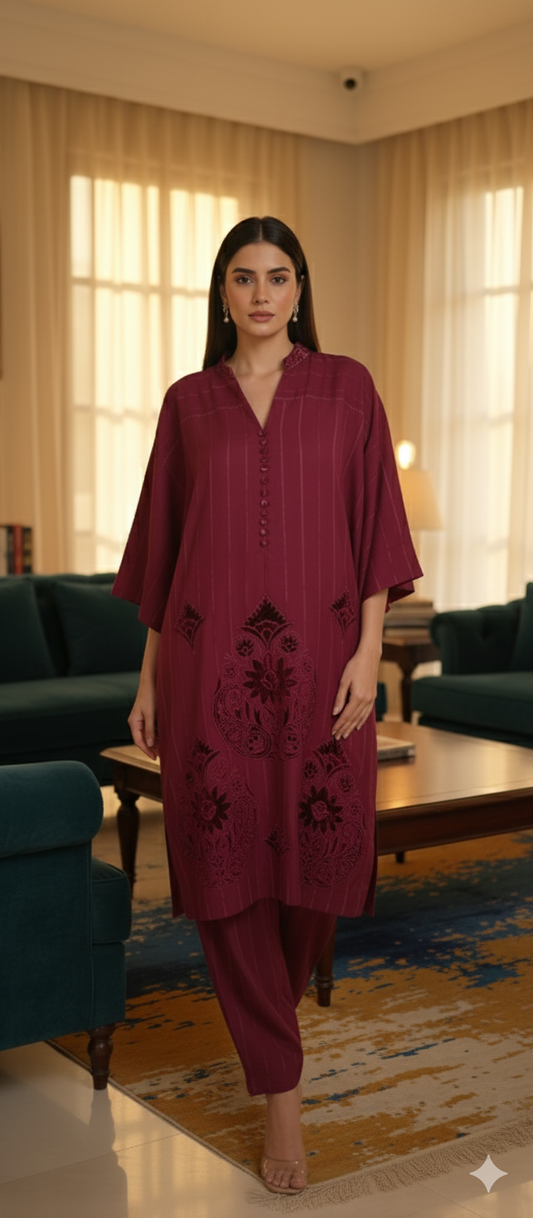 Winter Edit - Velvet Applique - Pure Velvet striped Linen- Deep Fuschia Pink