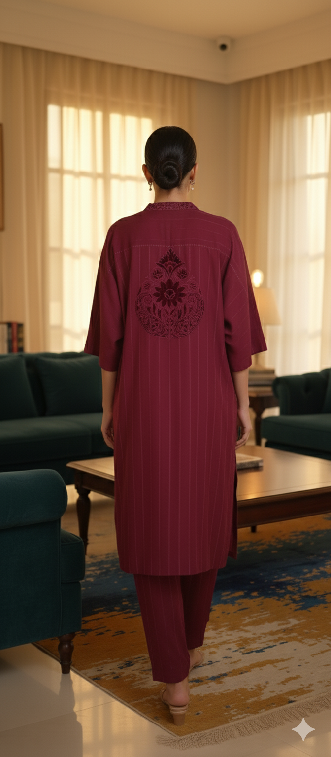 Winter Edit - Velvet Applique - Pure Velvet striped Linen- Deep Fuschia Pink