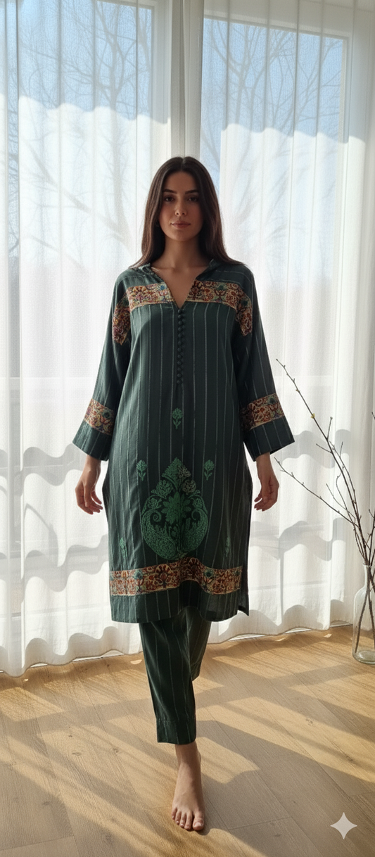 Winter Edit - Velvet Applique/Kalamkari - Pure Velvet striped Linen- Deep Blue Grey