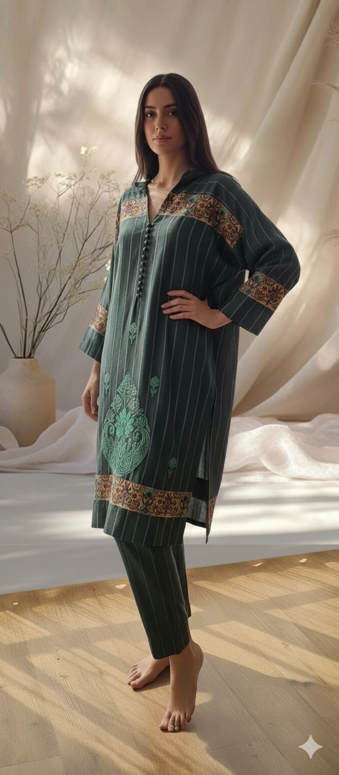 Winter Edit - Velvet Applique/Kalamkari - Pure Velvet striped Linen- Deep Blue Grey