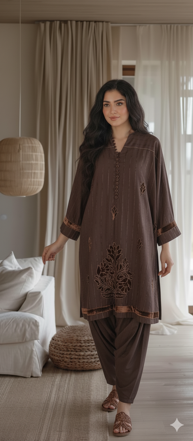 Winter Edit - Velvet Applique - Pure Velvet striped Linen- Brown