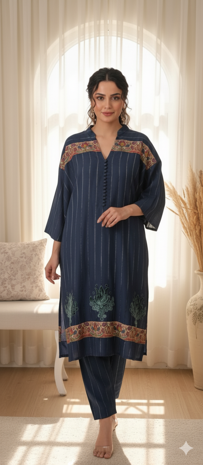 Winter Edit - Velvet Applique/Kalamkari - Pure Velvet striped Linen- Deep Blue Grey