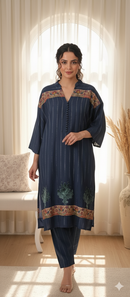 Winter Edit - Velvet Applique/Kalamkari - Pure Velvet striped Linen- Deep Blue Grey