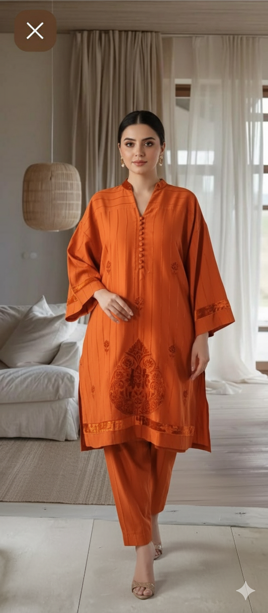 Winter Edit - Velvet Applique - Pure Velvet striped Linen- Saffron Orange