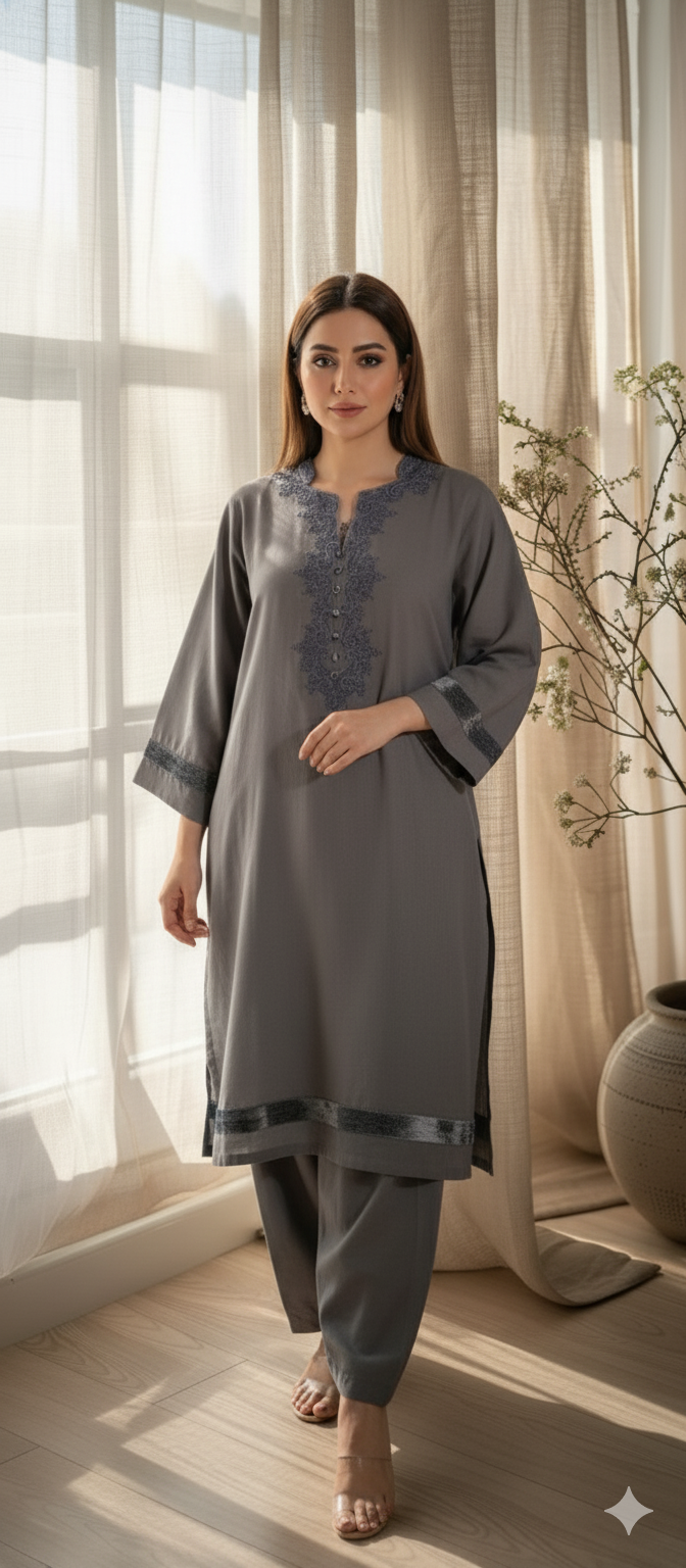 Winter Edit - Dori Embroidery - Pure Silk Karandi- Blue Grey