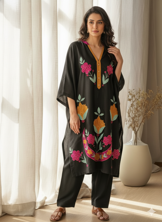 Winter Edit - Silk Applique Chaand Phool - Pure Silk Karandi- Black
