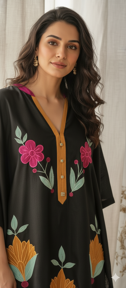 Winter Edit - Silk Applique Chaand Phool - Pure Silk Karandi- Black