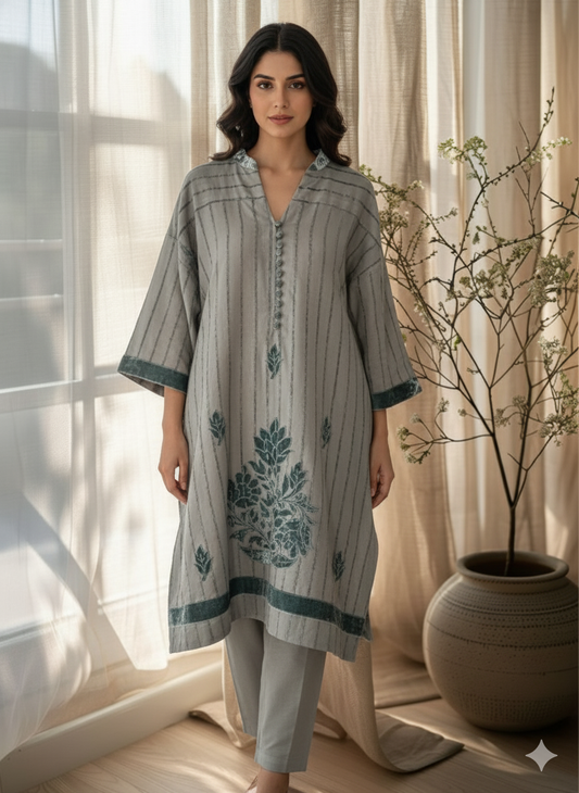 Winter Edit - Velvet Applique - Pure Velvet striped Linen- Soft Grey