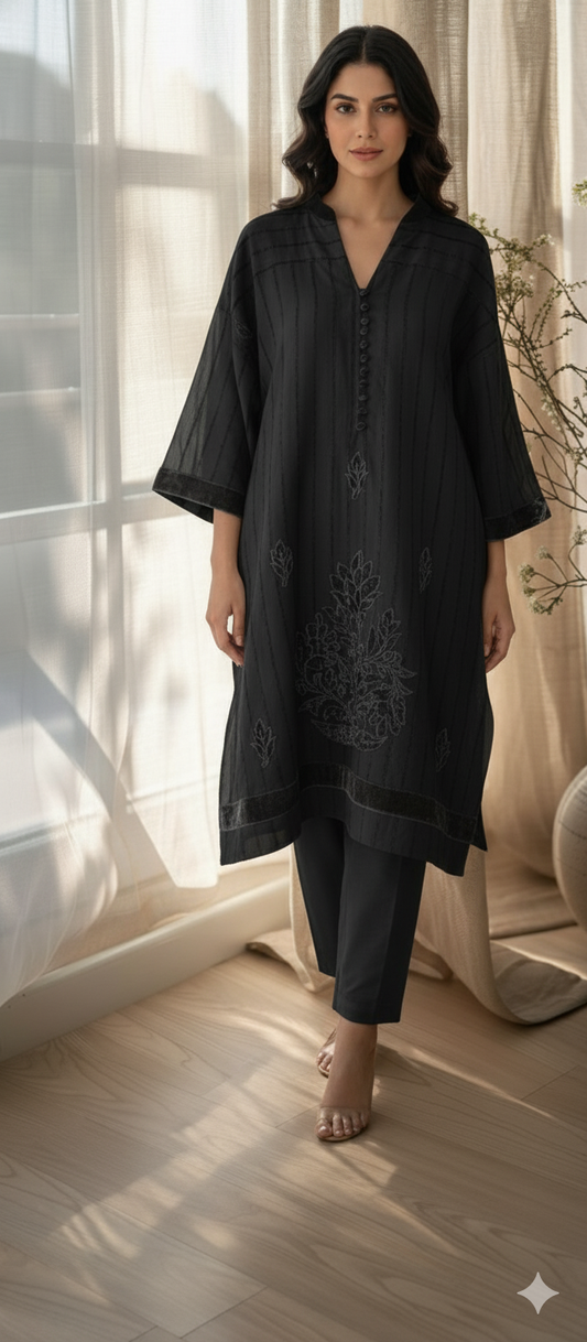 Winter Edit - Velvet Applique - Pure Velvet striped Linen- Black