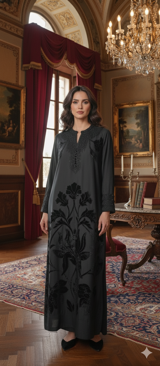 Formal Edit - Boski Kaftan Floral Royale Dori Embroidery & Velvet Applique - Black