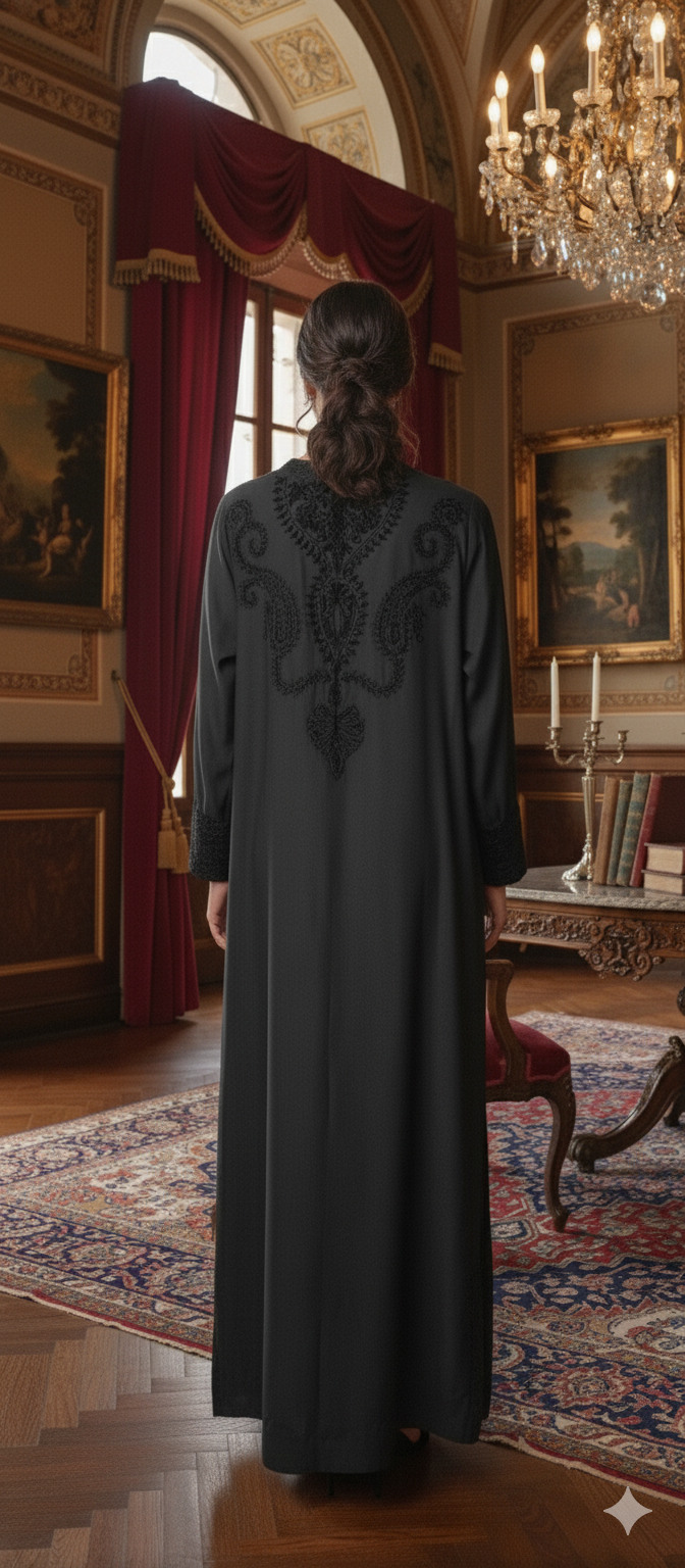 Formal Edit - Boski Kaftan Floral Royale Dori Embroidery & Velvet Applique - Black
