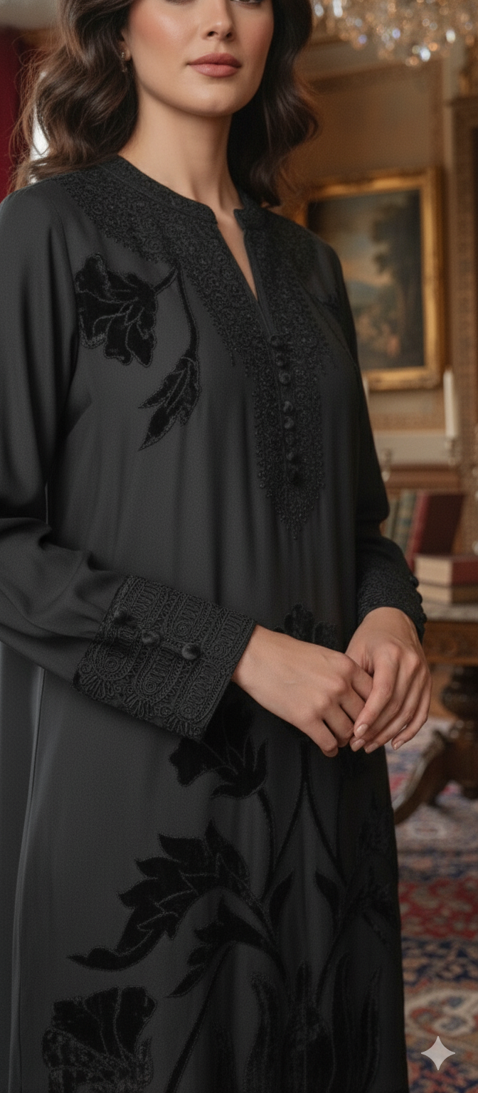 Formal Edit - Boski Kaftan Floral Royale Dori Embroidery & Velvet Applique - Black