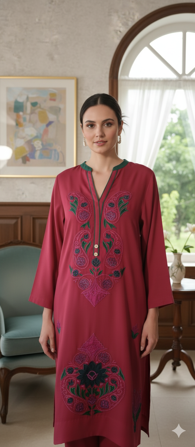 Winter Edit - Silk Applique & Embroidery - Pure Silk Karandi- Red