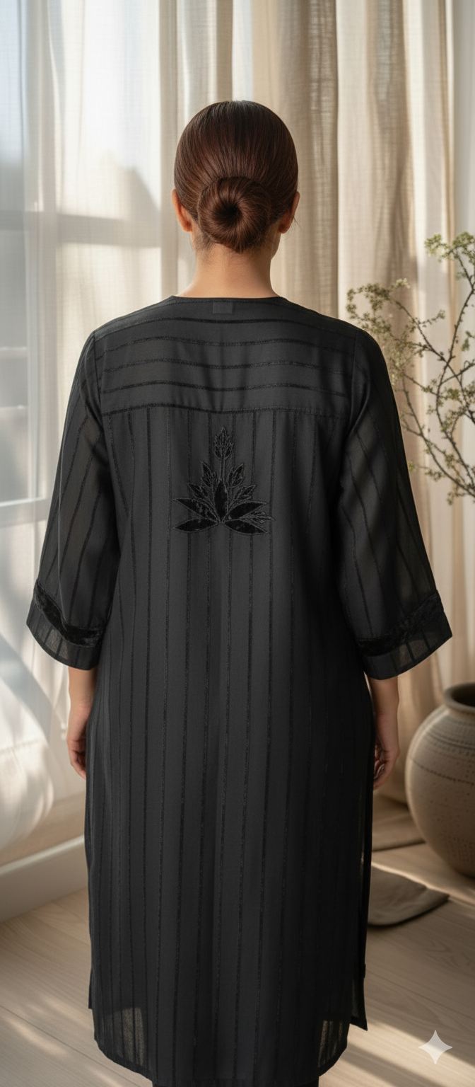 Winter Edit - Velvet Applique & Dori Embroidery - Pure Velvet striped Linen- Black