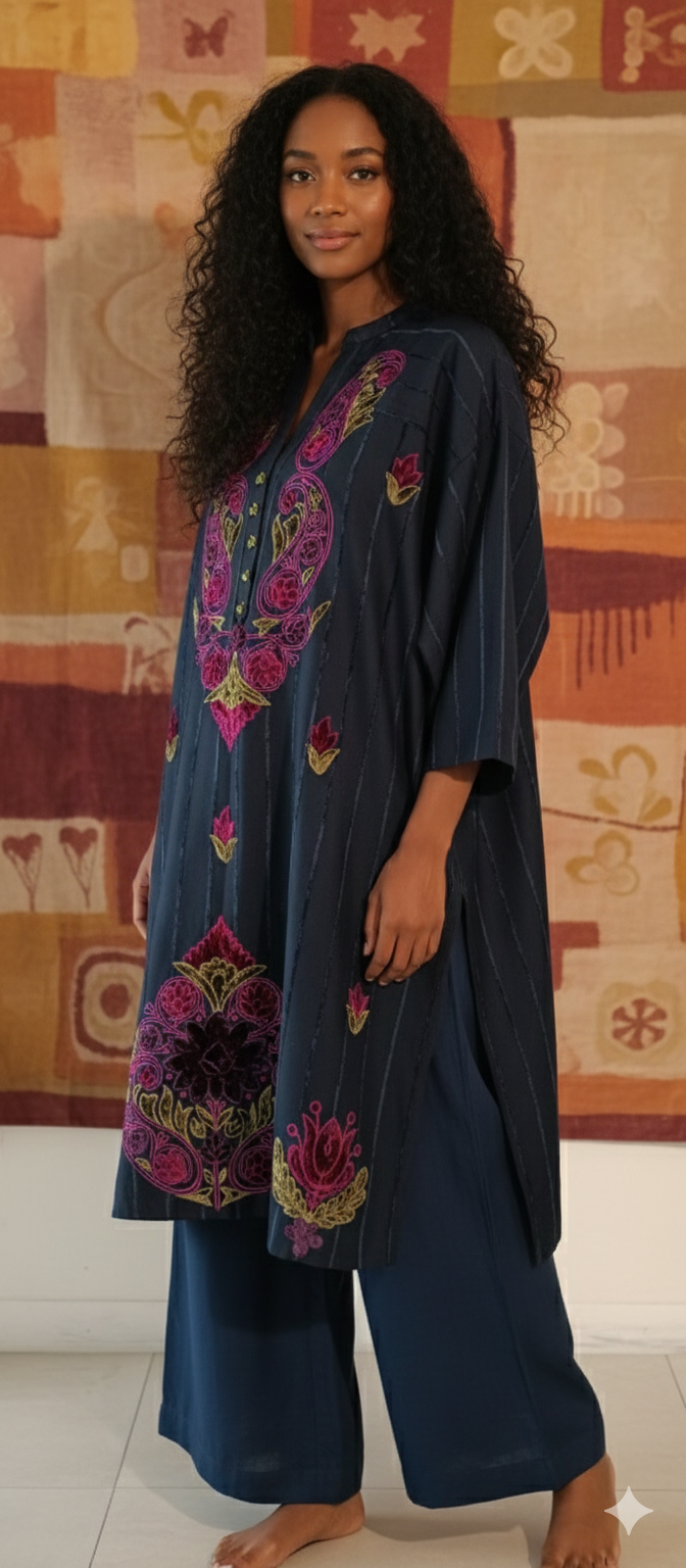 Spring Edit -   Velvet striped linen with Velvet Applique -  Deep Blue