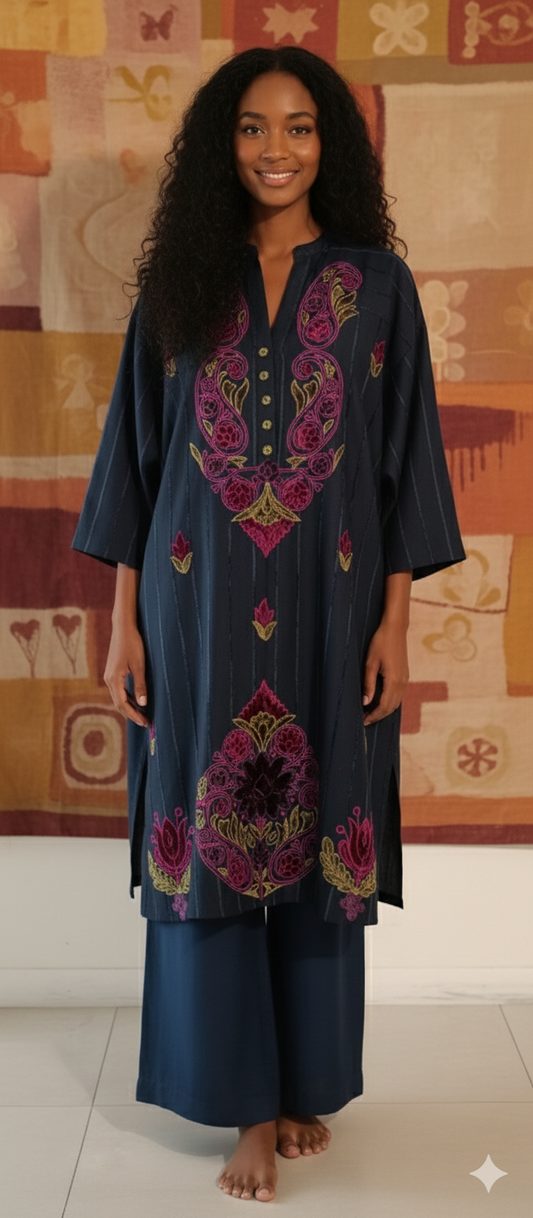 Spring Edit -   Velvet striped linen with Velvet Applique -  Deep Blue