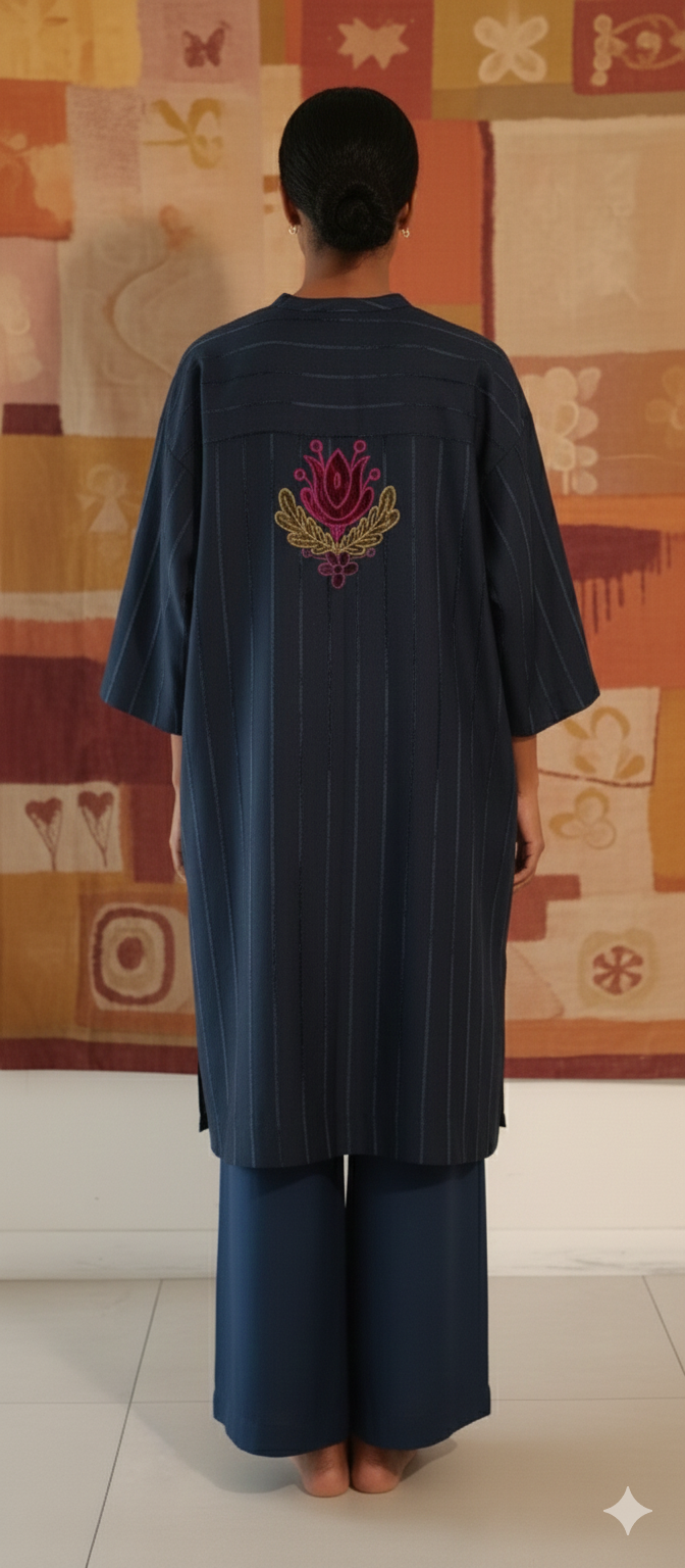 Spring Edit -   Velvet striped linen with Velvet Applique -  Deep Blue