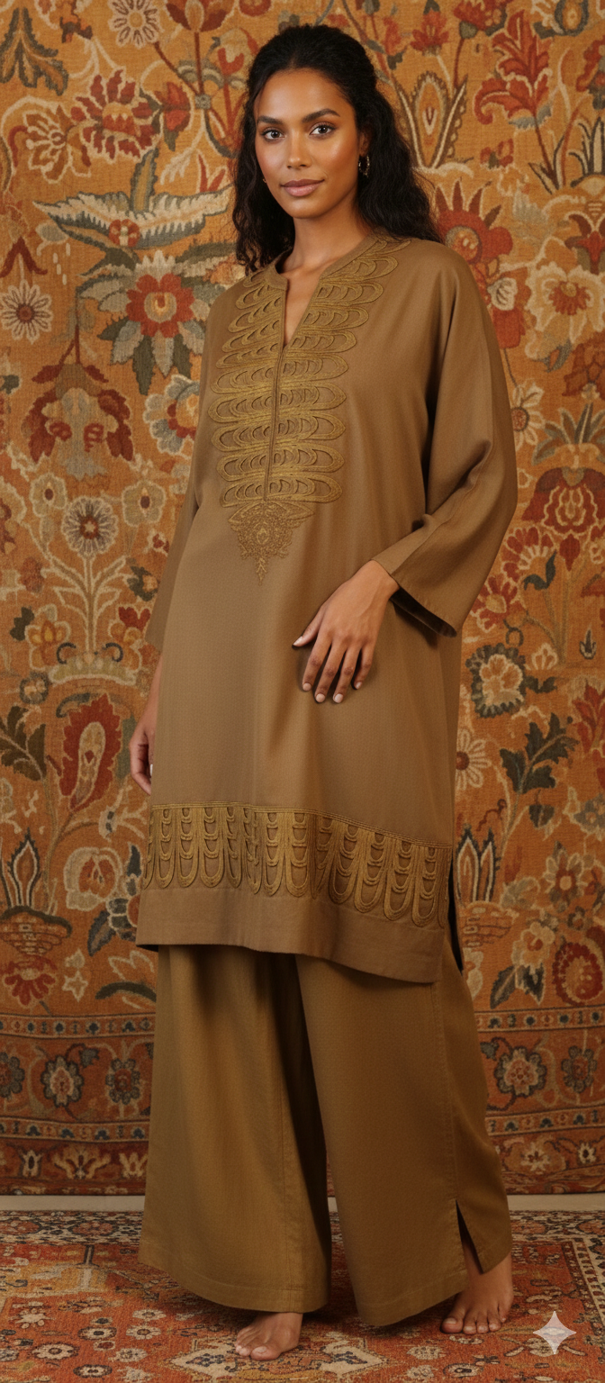 Winter Edit -   Pure Khaddar with scallopped lace -  Earthy Tan