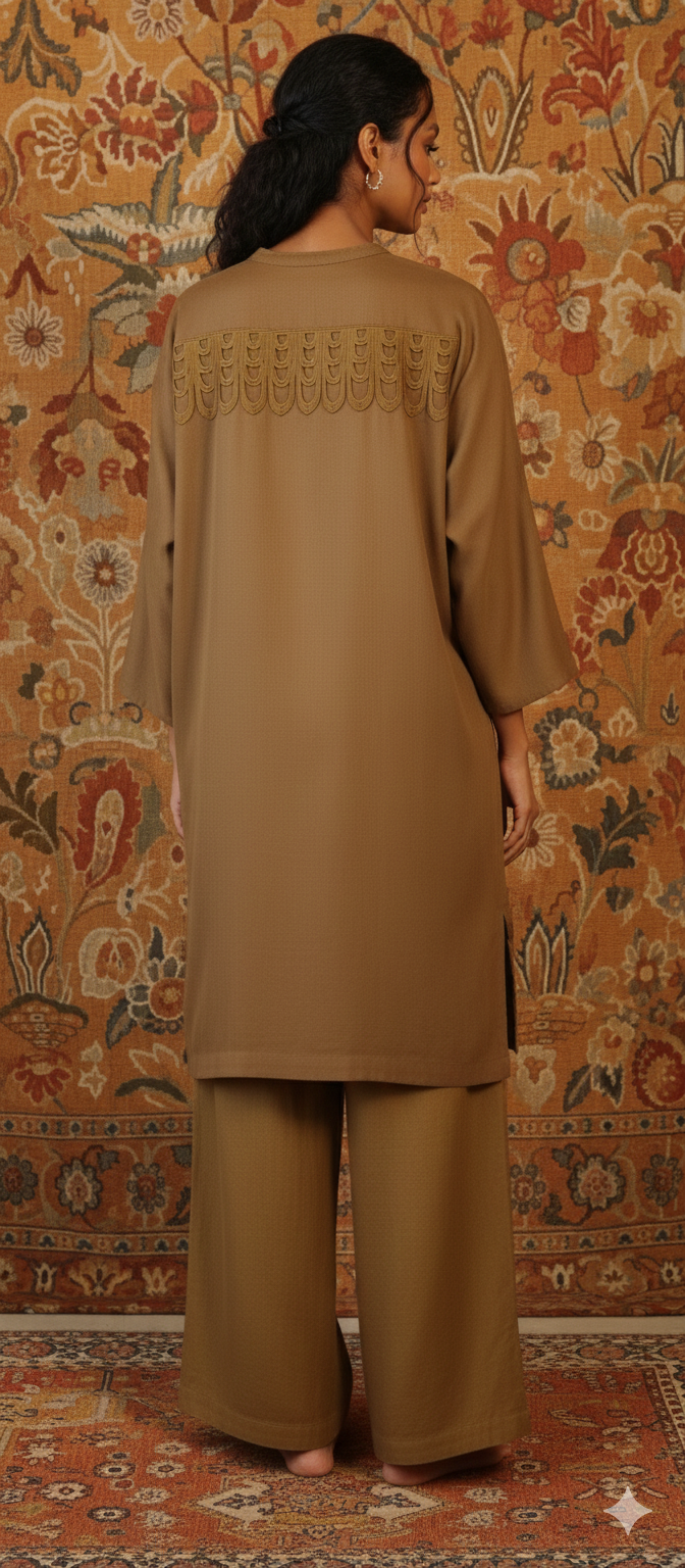 Winter Edit -   Pure Khaddar with scallopped lace -  Earthy Tan