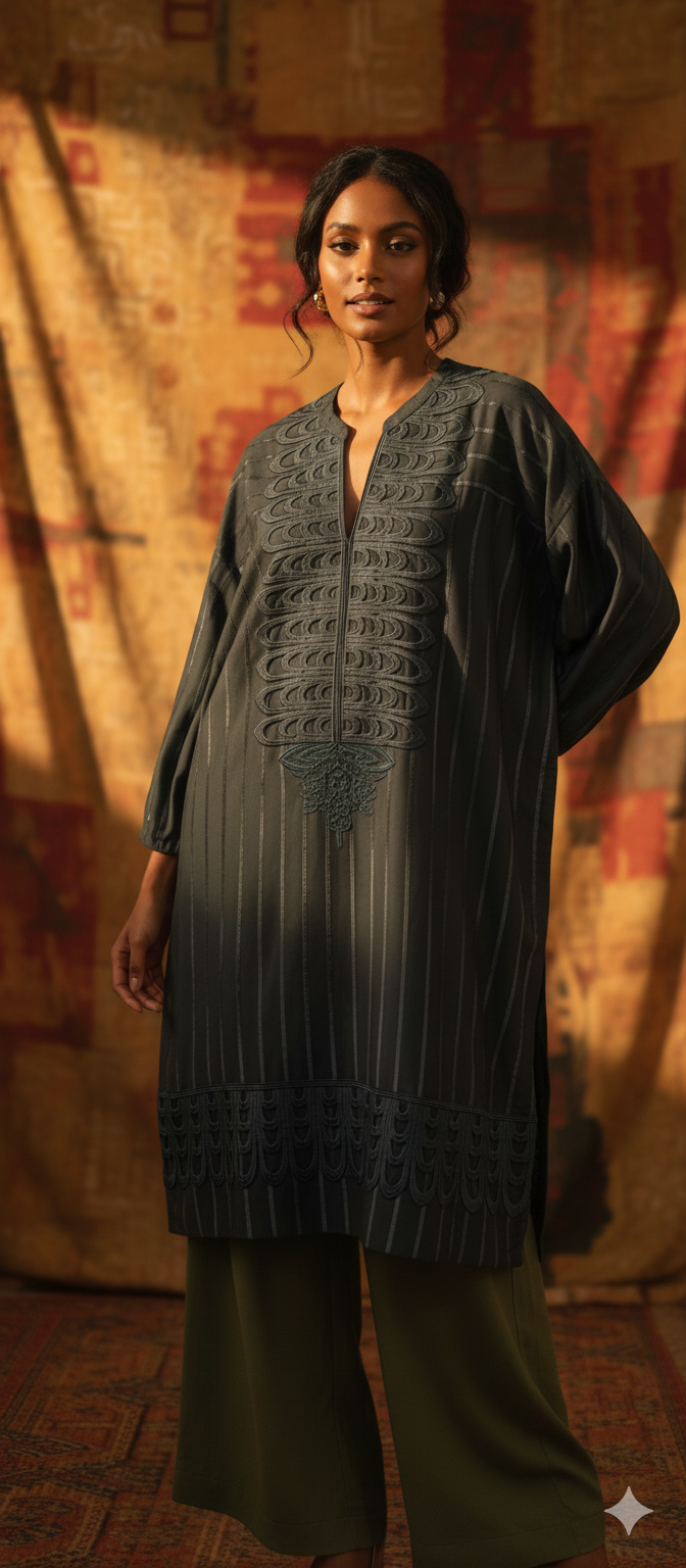 Spring Edit -   Velvet striped linen with scallopped lace -  Earthy Deep Grey