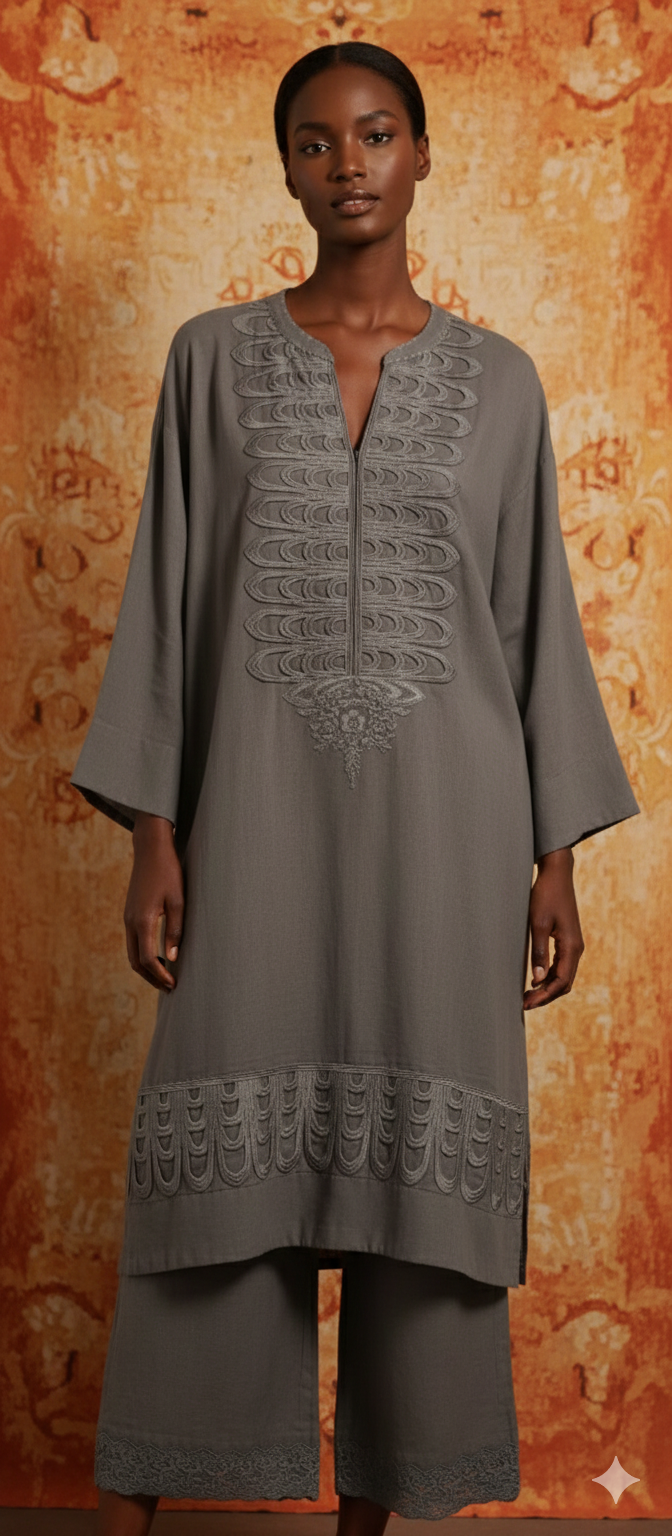 Winter Edit -  Pure Khaddar with scallopped lace -  Grey