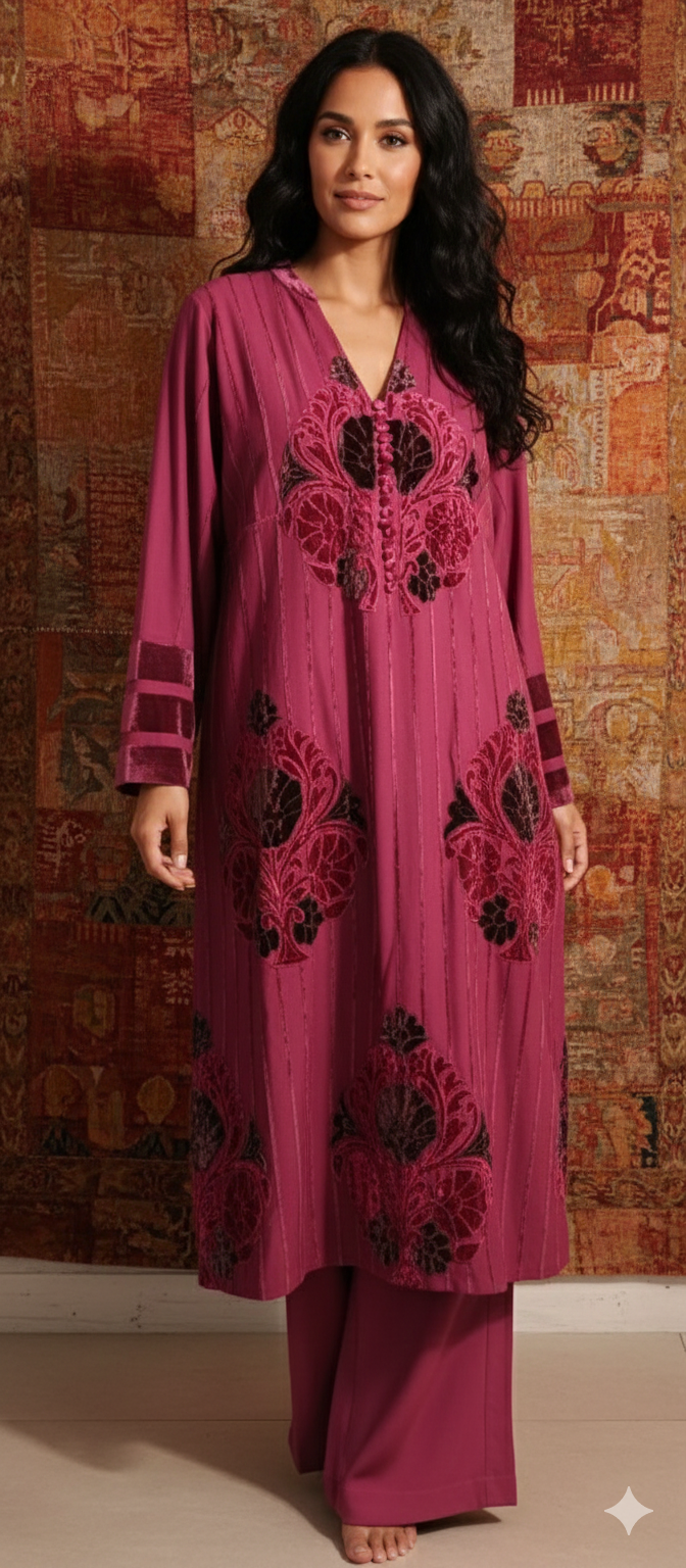 Winter Edit -   Velvet striped linen with Velvet Applique -  Fuschia