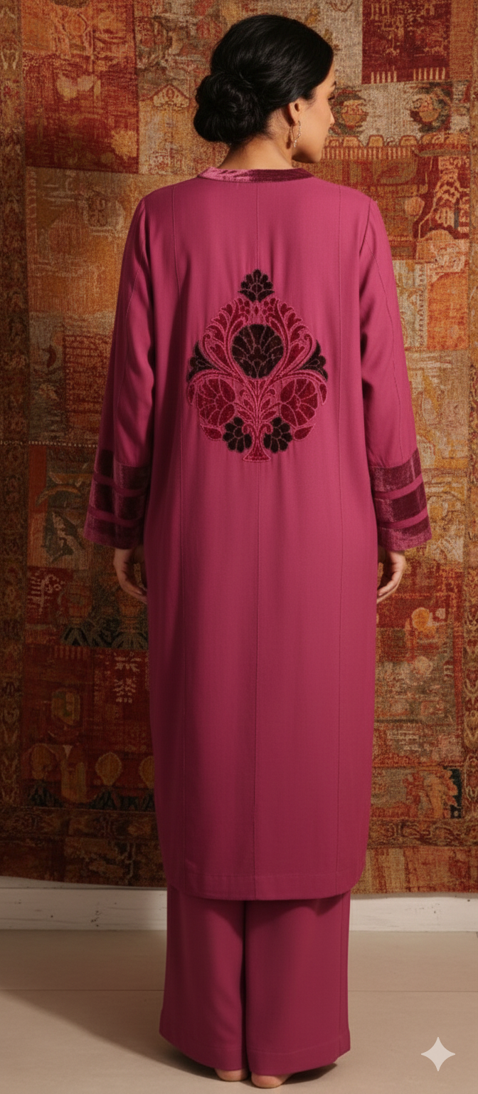 Winter Edit -   Velvet striped linen with Velvet Applique -  Fuschia