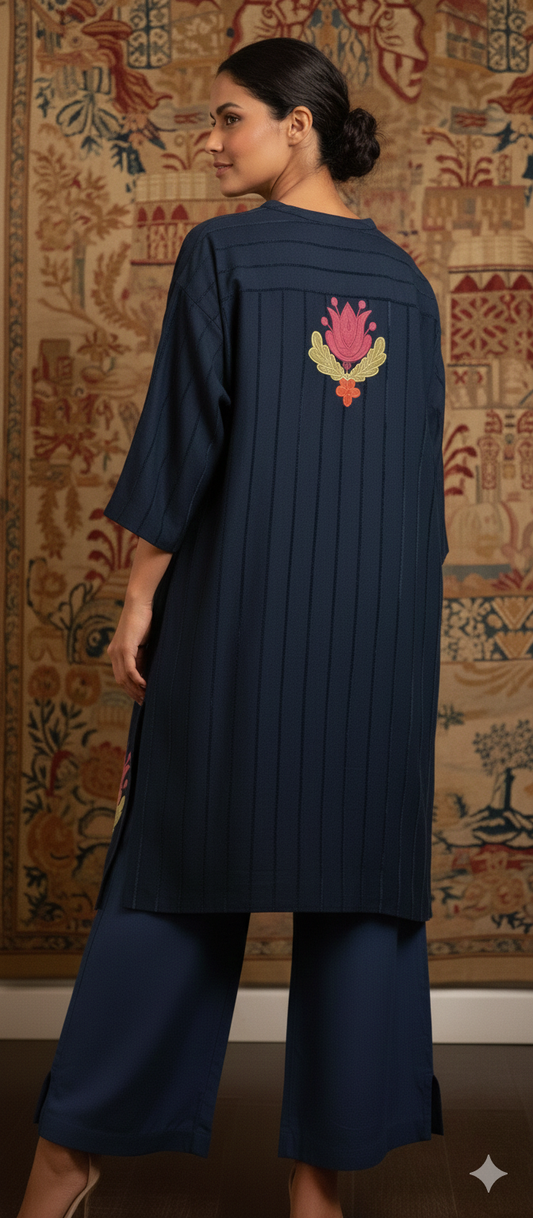 Spring Edit -   Velvet striped linen with Silk Applique -  Deep Blue