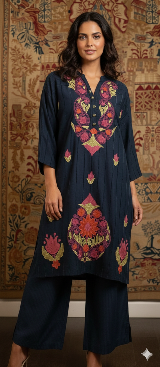 Spring Edit -   Velvet striped linen with Silk Applique -  Deep Blue