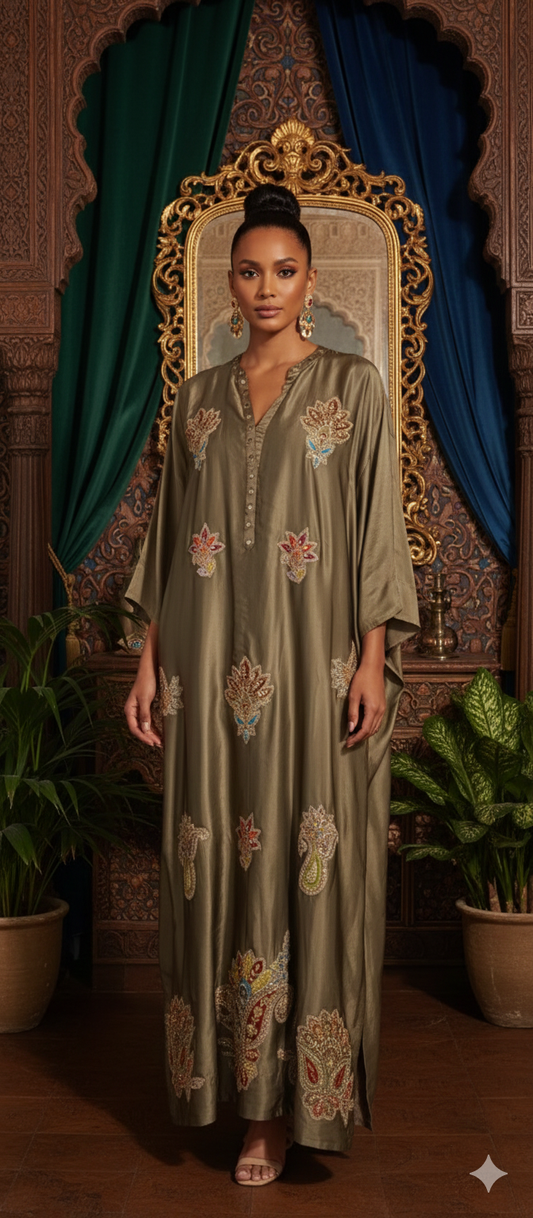 Kaftan Edit -  Pure Sateen Silk with embellishment -  Aastha Green