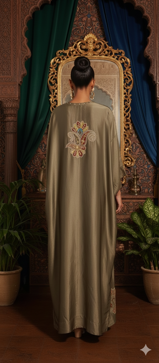 Kaftan Edit -  Pure Sateen Silk with embellishment -  Aastha Green