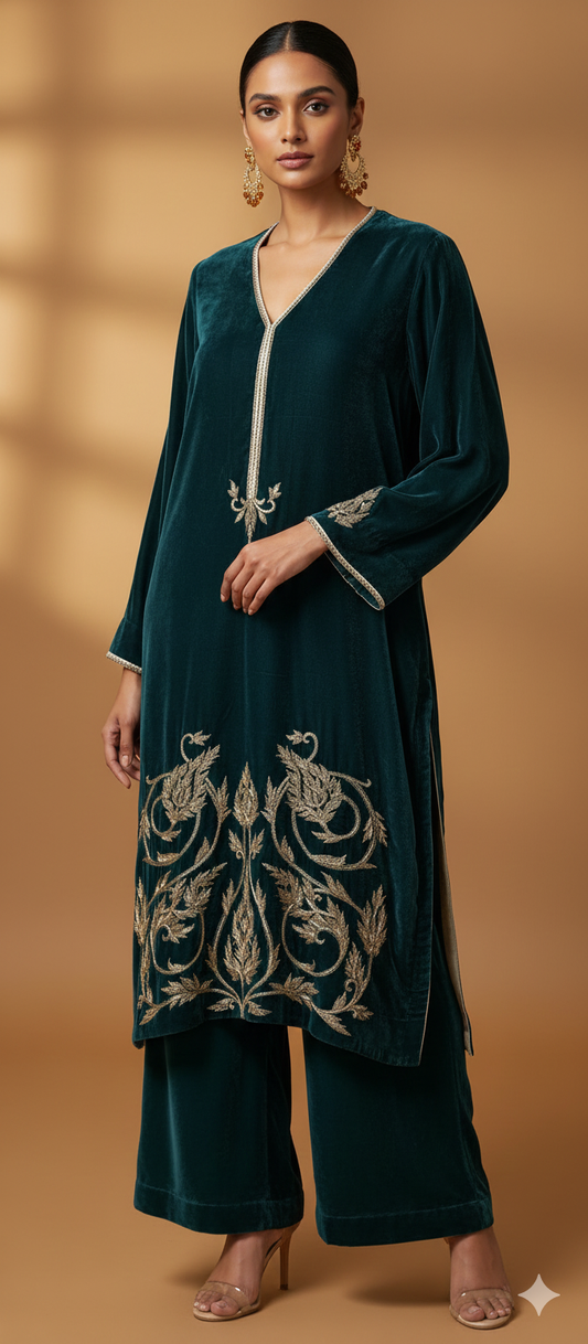 Wedding Edit -   Velvet with antique dabka embellishment -  Teal Blue