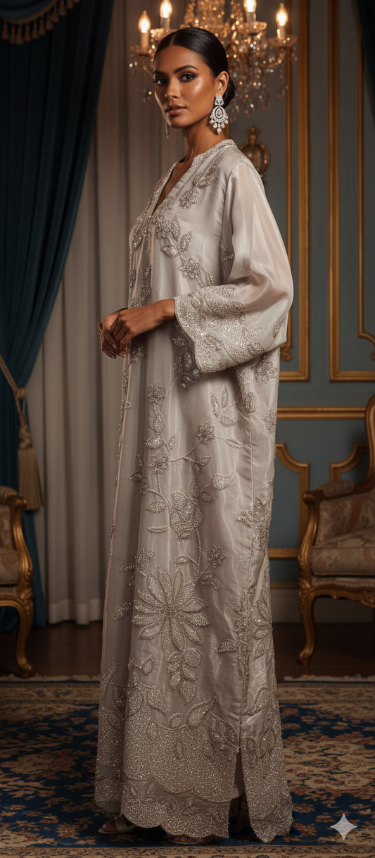 Kaftan Edit -  Tissue Silk with crystal embellishment - Moonlight White