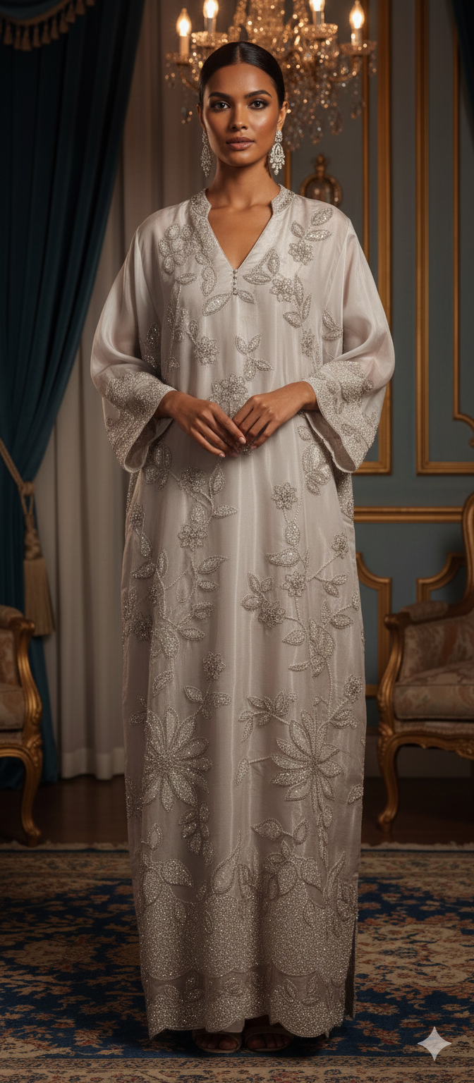Kaftan Edit -  Tissue Silk with crystal embellishment - Moonlight White