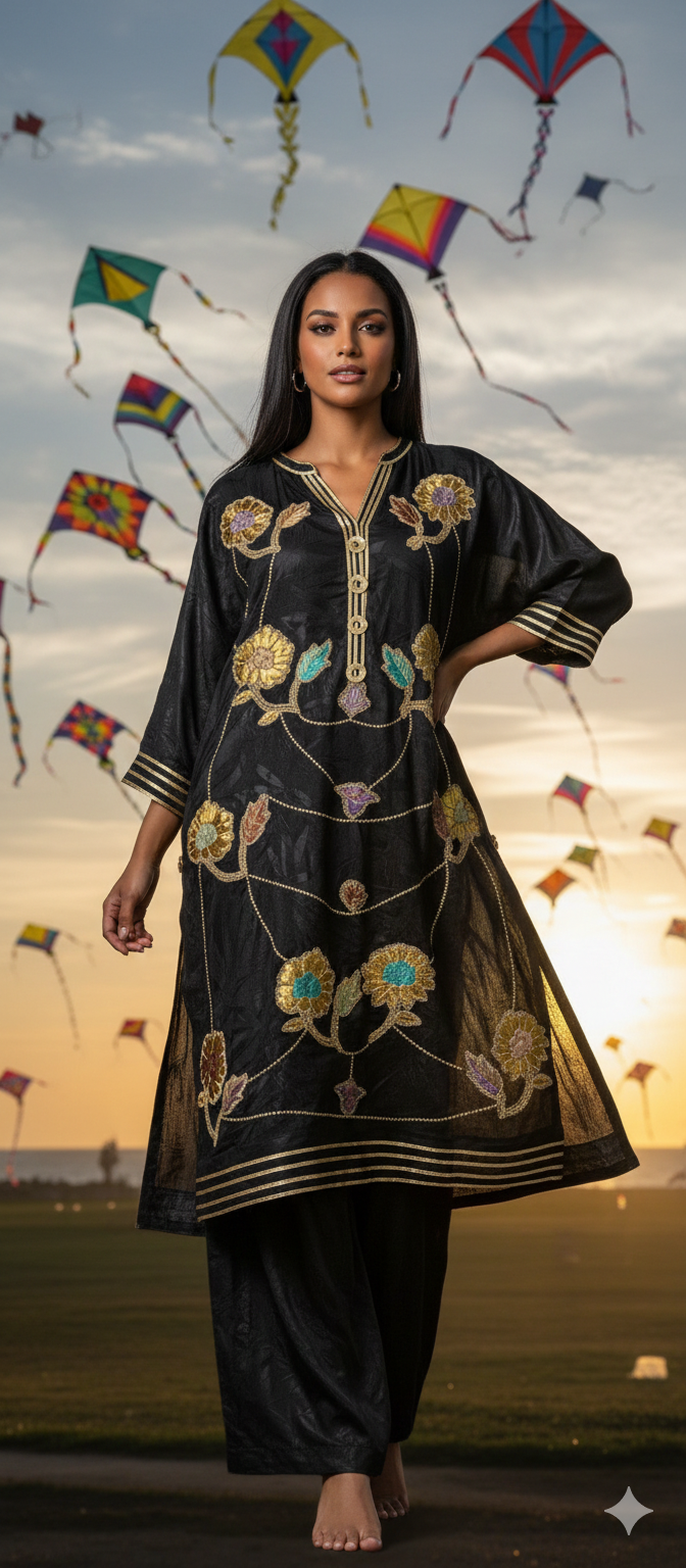 Spring Edit -  Pure Silk Karandi Kimkhawab Appliqué -  Black