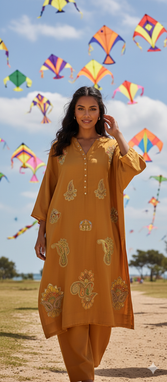 Spring Edit -  Pure Silk Karandi Embellished Appliqué -  Kesari Yellow