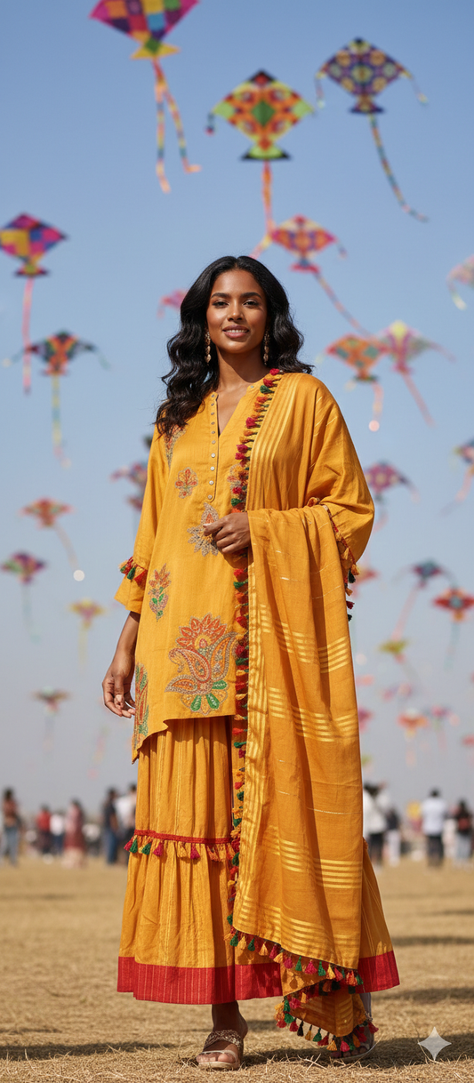 Spring Edit -  Pure Silk with silk embellished Appliqué - Kesari Yellow
