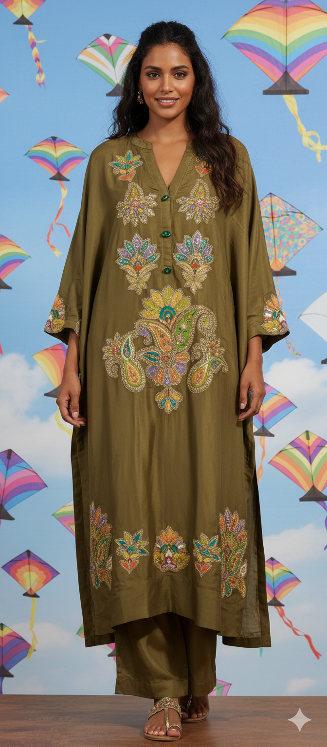 Spring Edit -  Pure Silk with silk embellished Appliqué - Olive Green
