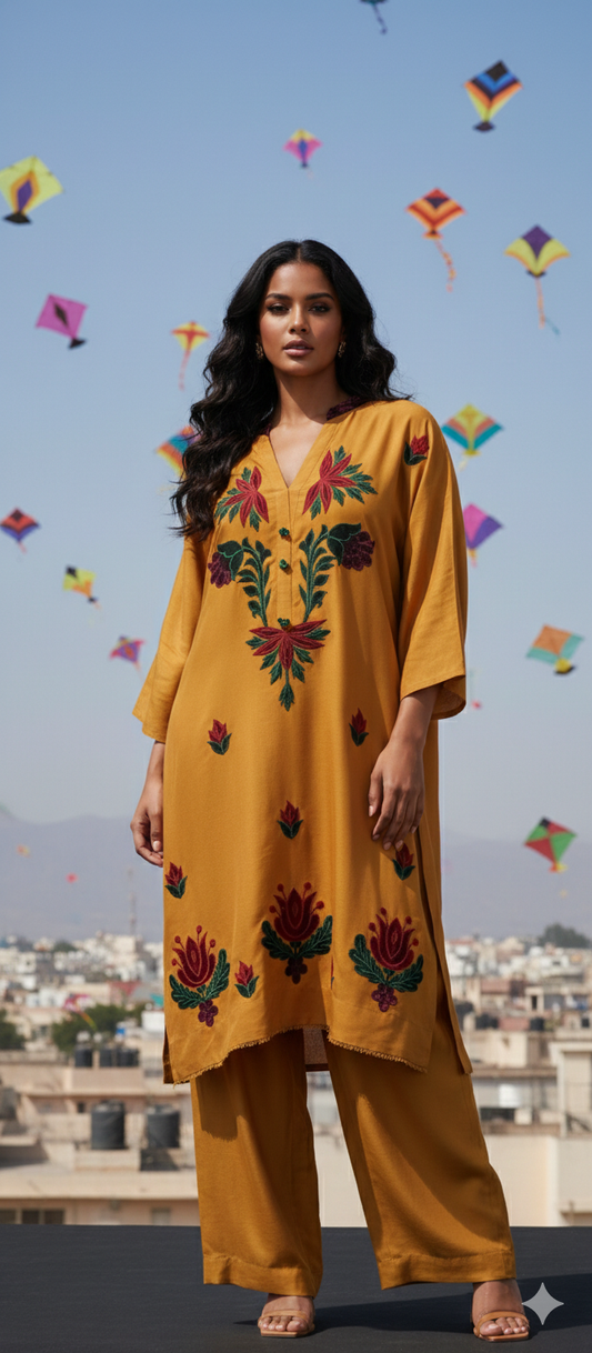 Spring Edit -  Pure Dobby Gold with SilkAppliqué -  Kesari Yellow
