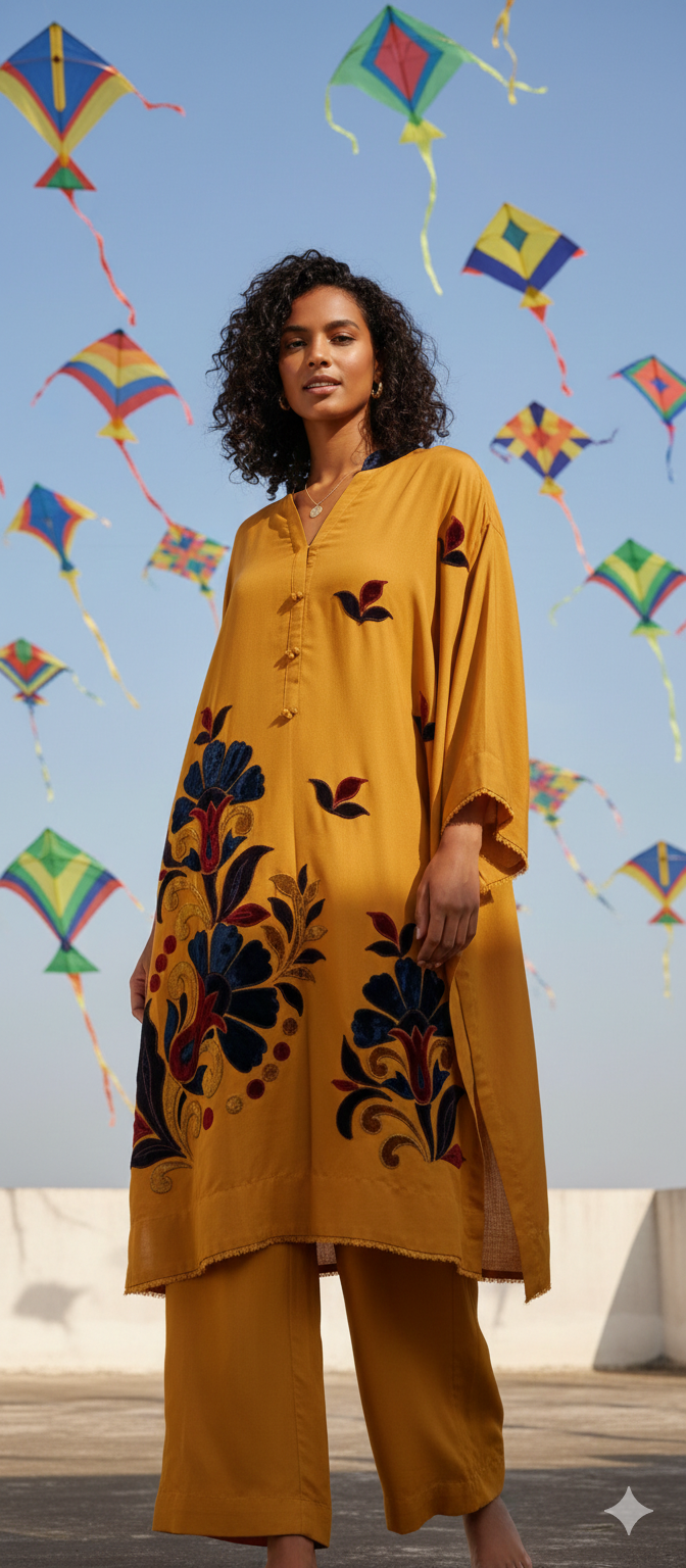 Spring Edit -  Pure Silk Karandi Velvet Appliqué -  Kesari Yellow