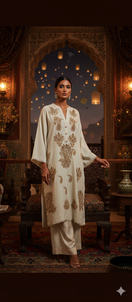 Spring Edit -  Pure Cotton Karandi Velvet Appliqué - Cloud Dancer White