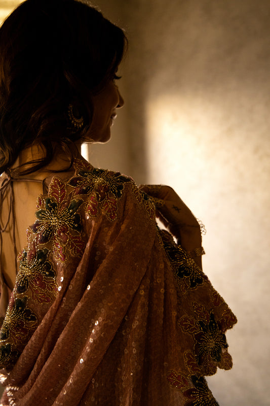 Sari - Khaista Gul Sequined Sari -  Sheer Chai Pink