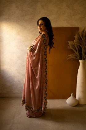 Sari - Khaista Gul Sequined Sari -  Sheer Chai Pink