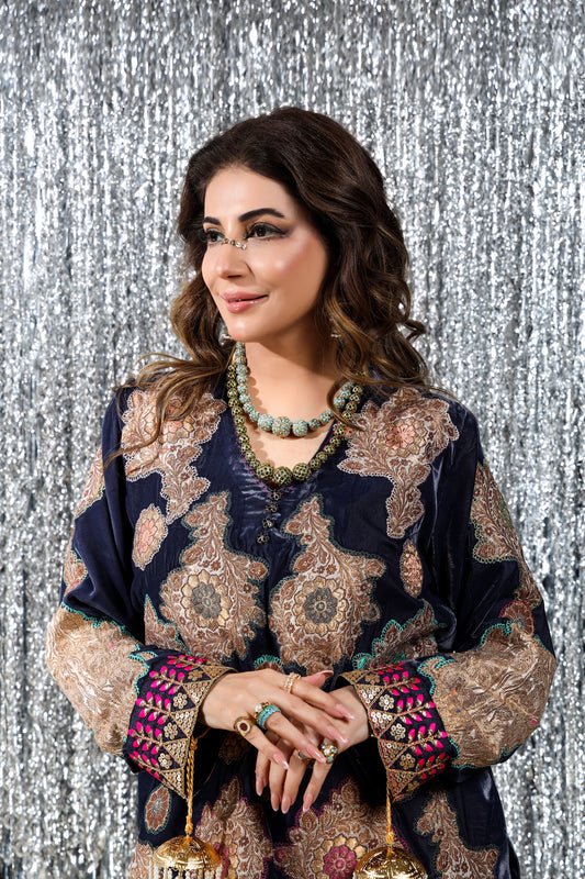 Wedding Wear - Blue Velvet with Kimkhawab Applique