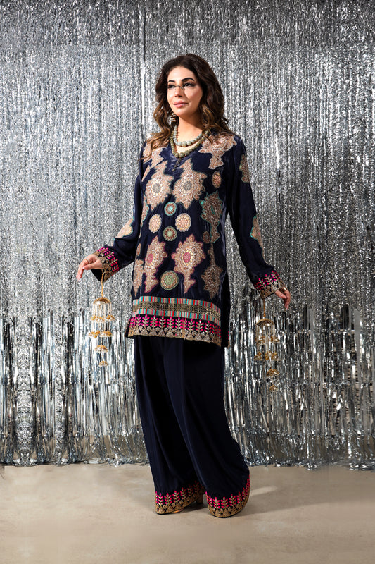 Wedding Wear - Blue Velvet with Kimkhawab Applique