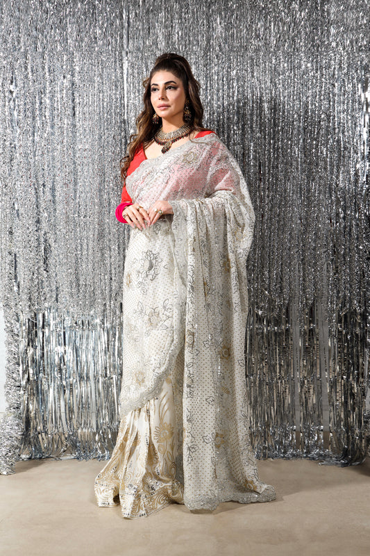 Sari - White Sequined Sari -  Gul Bibi