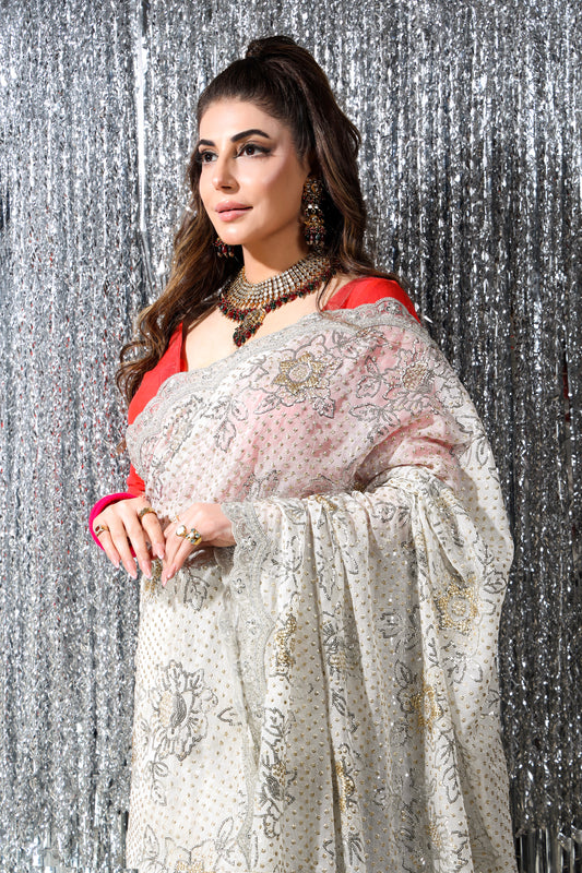 Sari - White Sequined Sari -  Gul Bibi