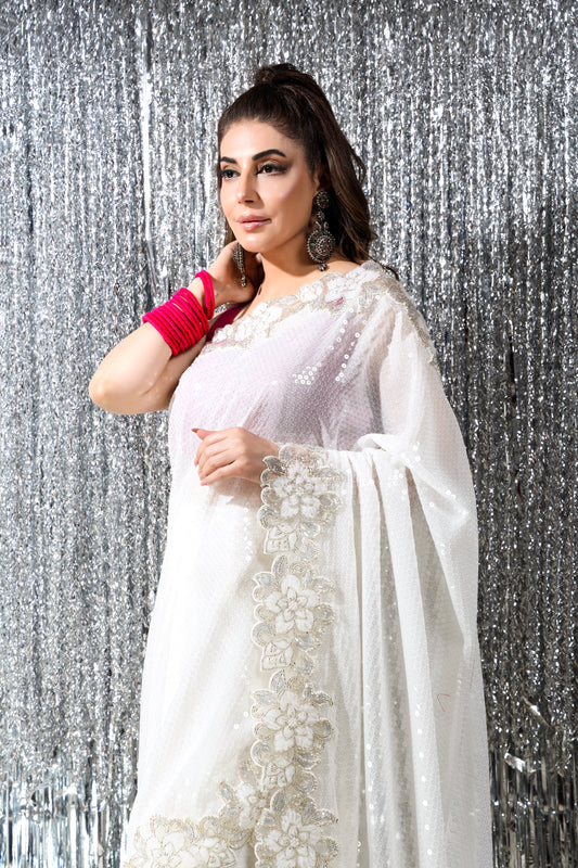 Sari - White Sequined Sari - Khaista Gul
