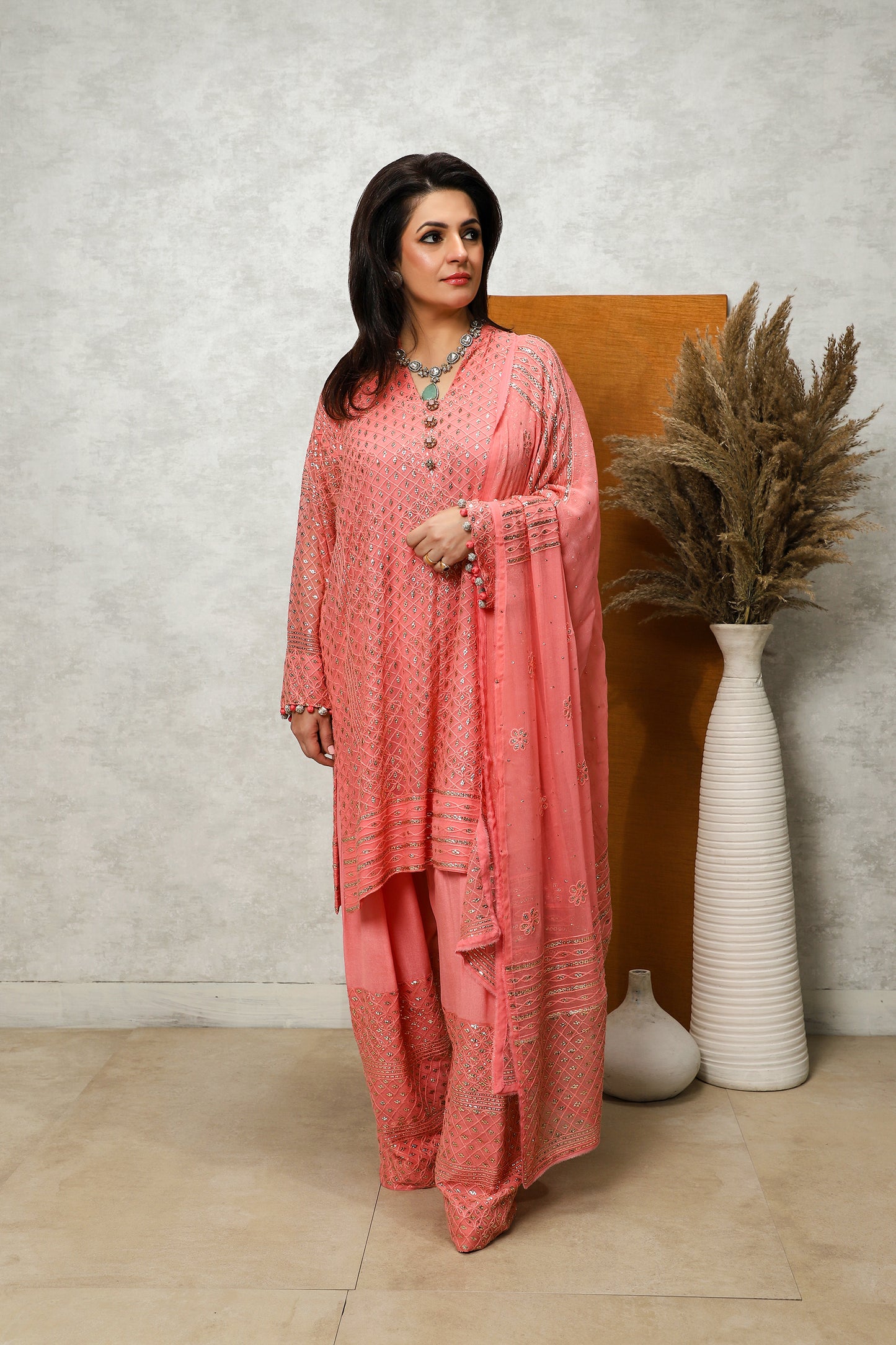 Wedding Wear - ChikkanKari & Muqaish (peach)